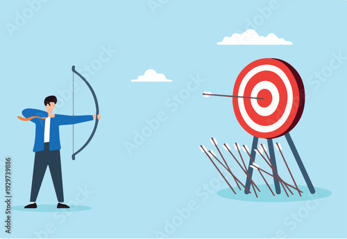 Flat illustration businessman practice archery learning from mistake until achieve success.