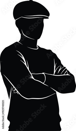 A black silhouette of a man wearing a cap with his arms crossed