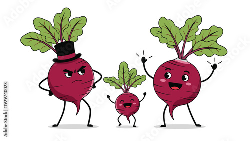 Family of beetroot characters includes a grumpy father in a top hat a happy mother and a joyful child standing together in a row.