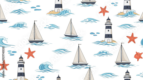 Nautical seamless pattern features various sailboats lighthouses ocean waves and starfish in a clean and modern illustrative style.