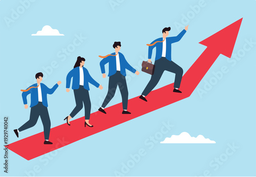 Flat illustration of businessman manager leads team with direction arrow motivating employees to achieve success together.