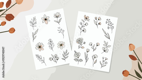 Two sheets of aesthetically pleasing floral stickers feature various botanical illustrations of flowers and leaves in a soft color palette.