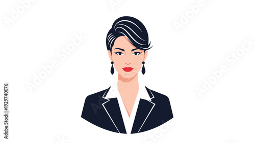 Elegant portrait of a professional woman with dark hair styled in an updo wearing a black blazer and white shirt against a white background.