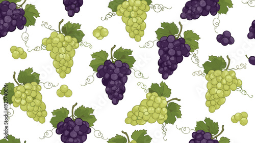 Vibrant seamless pattern showcases bunches of green and purple grapes with curly vines and green leaves on a plain white background.