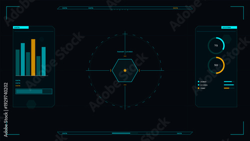 A futuristic digital head-up display interface featuring a central target lock, circular gauges, bar charts, and system data indicators on a dark background with cyan and orange accents.