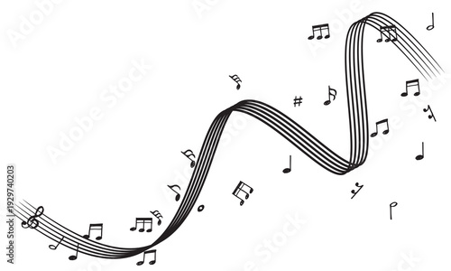 A black and white image of music notes and a wavy line