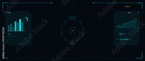A futuristic digital heads-up display featuring data visualization elements like bar charts, line graphs, and a central scanning reticle on a dark background with cyan accents.