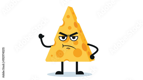 Grumpy wedge of swiss cheese character with holes is shown with its arms crossed and a defiant look in a fun cartoon illustration style.