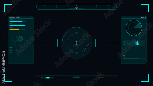 This futuristic heads-up display interface includes a central targeting reticle, radar scanner, and system status bars with teal and yellow graphics on a dark background.