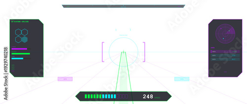 A futuristic heads-up display interface featuring a central targeting reticle, speed indicator, radar, and system status bars in neon green, purple, and cyan on a white background.