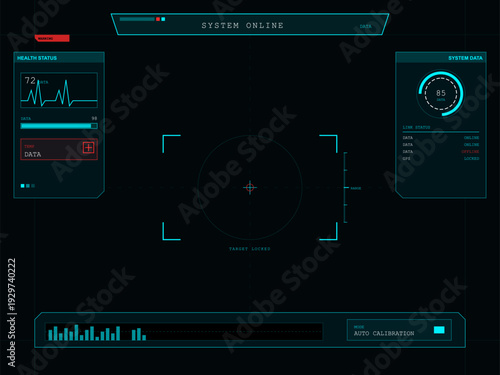 A futuristic digital heads-up display interface featuring health status graphs, system data gauges, and a central target reticle on a dark background for sci-fi technology concepts.