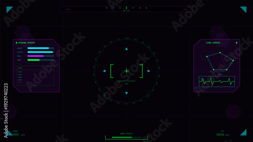 A futuristic sci-fi heads-up display interface featuring a central targeting reticle, system status bars, and data graphs in neon green and cyan on a dark background.