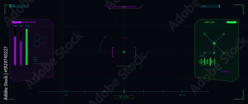 A futuristic heads-up display interface featuring system status bars, target tracking crosshairs, and data link diagrams in neon green and purple on a dark background.