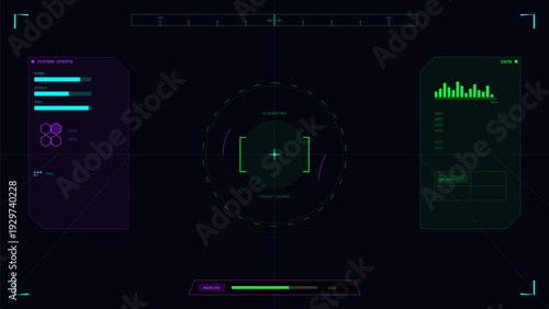 A futuristic digital head-up display interface featuring a central targeting reticle, system status bars for power and fuel, and data visualization charts on a dark background.