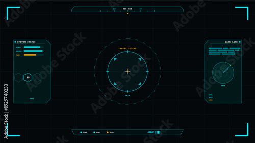 A futuristic digital heads-up display interface featuring a central targeting reticle, system status bars, navigation data, and tactical information on a dark background.
