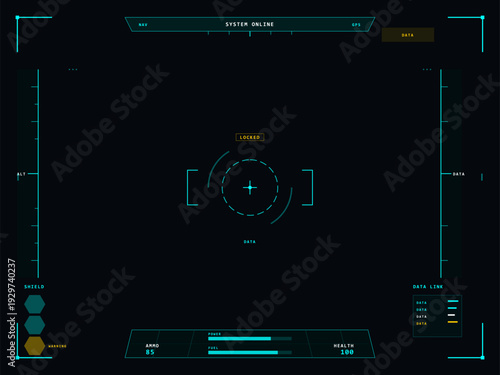 A futuristic hud interface featuring a central targeting reticle, system status indicators, health bars, ammo count, and data link information on a dark background.