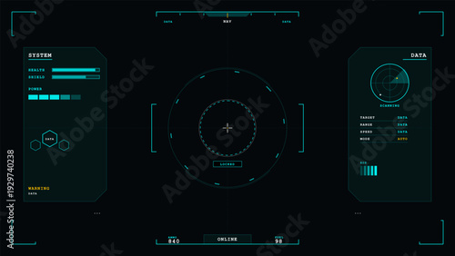 A futuristic digital heads-up display interface featuring a central targeting reticle, system status bars, radar scanning data, and navigation elements on a dark background.