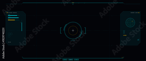 A futuristic heads-up display interface featuring system status bars, a central tracking reticle, and target data panels on a dark background with cyan and orange accents.