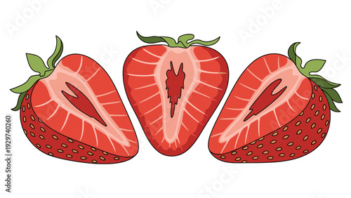 Three ripe strawberry halves are arranged in a row to show the detailed internal texture and red color of the fruit on a white background.