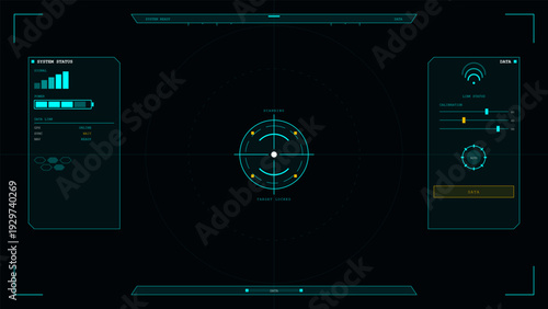 This high-tech digital user interface displays a central scanning reticle with system status indicators, power levels, and data link information on a dark screen.