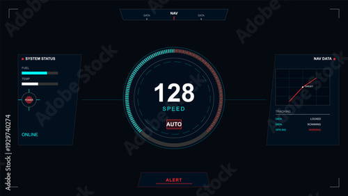 A futuristic digital dashboard display featuring a central speedometer reading 128, system status indicators for fuel and temperature, and navigation data on a dark background.