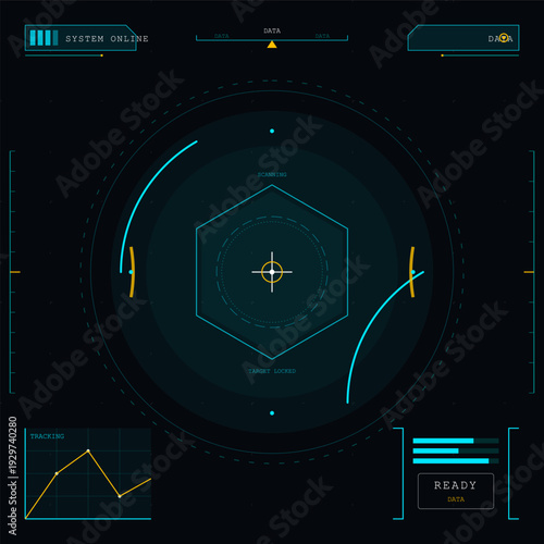 This futuristic digital HUD interface displays a central targeting reticle with scanning data, tracking graphs, and system status indicators on a dark blue background.