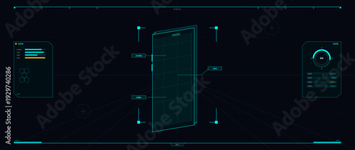 A futuristic digital interface displays a three-dimensional wireframe of a smartphone surrounded by technical data panels, gauges, and scanning elements on a dark background.