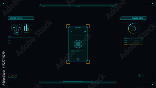 A futuristic digital interface displays a target scan of a smartphone with a microchip icon. The heads-up display includes system status charts, data panels, and technical graphics.