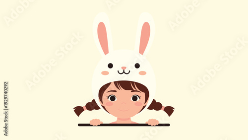 Charming illustration shows a young girl peeking over a ledge while wearing a cute white rabbit hat with long ears and having braids.