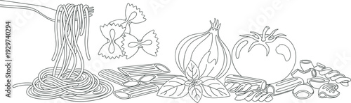 Black and white vector illustration featuring assorted pasta types including spaghetti, penne, fusilli, farfalle, with basil, tomato, onion, and culinary elements, perfect for Italian food design 