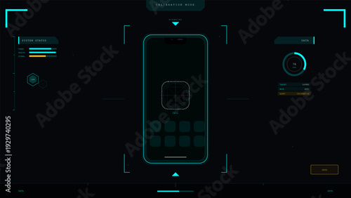 A futuristic digital interface displays a smartphone in calibration mode with various data metrics, system status bars, and scanning indicators on a dark background.