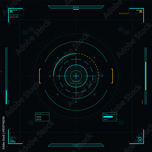 This futuristic head-up display interface features a circular radar scanner with crosshairs and various data readouts including fuel and GPS signal on a dark background.