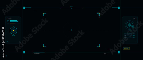 A futuristic digital heads-up display interface featuring status bars, a scanning radar, and tracking data on a dark background, suitable for sci-fi and technology concepts.