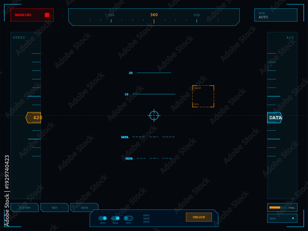 Obraz premium This digital heads-up display interface shows flight telemetry including speed, altitude, and a compass. The futuristic design uses blue and orange graphics on a dark background.