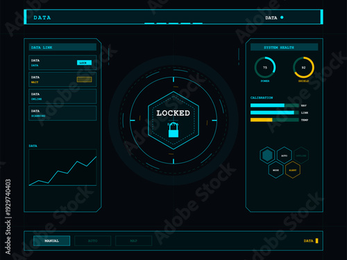 This futuristic digital dashboard features a central locked icon surrounded by circular gauges, system health monitors, data link status, and a line graph on a dark background.