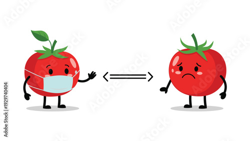 Friendly cartoon tomatoes showing the importance of social distancing with one character wearing a protective face mask.