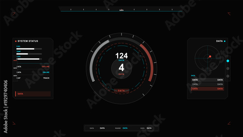 A futuristic digital head-up display interface featuring a central circular speedometer gauge, system status bars, and a radar map on a dark background for sci-fi technology concepts.