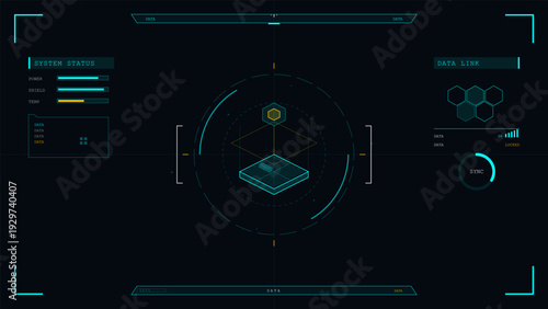 A futuristic digital head-up display interface featuring system status bars, data link information, and a central isometric graphic on a dark blue background with cyan accents.