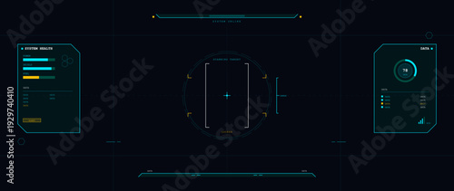 A futuristic digital heads-up display interface features system health monitors, a central targeting reticle, and data analytics panels on a dark background.