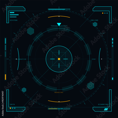 A futuristic heads-up display interface featuring a circular target with crosshairs, various data indicators, and technical text labels like target locked on a dark background.