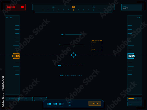 This digital heads-up display interface shows flight telemetry including speed, altitude, and a compass. The futuristic design uses blue and orange graphics on a dark background.
