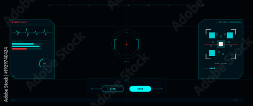 This futuristic digital head-up display interface includes a health alert monitor, tracking reticle, and scan target data panels on a dark background with cyan and red accents.