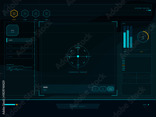 A futuristic digital head-up display interface featuring a central scanning target, data visualization charts, and system status indicators in a dark blue and teal color scheme.
