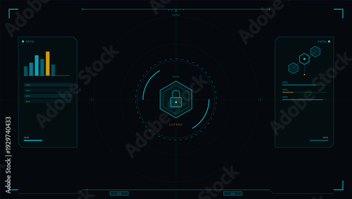 A futuristic digital interface displays a central lock icon within a hexagon, surrounded by data charts, progress bars, and technical graphics in teal and yellow tones.