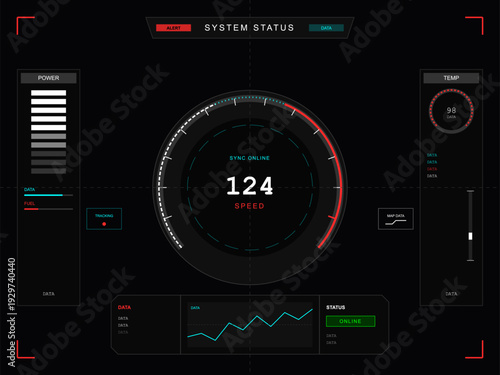 A futuristic digital dashboard interface featuring a central speedometer showing speed at 124, power levels, temperature gauges, and various system status data on a dark background.