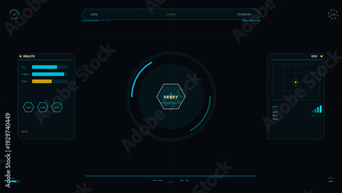 A futuristic digital head-up display interface featuring health bars, GPS tracking, and system status indicators on a dark background with cyan and yellow accents for a sci-fi look.