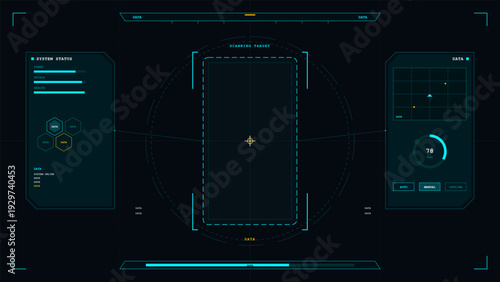 A futuristic digital head-up display interface featuring system status bars, scanning target frame, data graphs, and fuel gauge on a dark background for sci-fi gaming concepts.