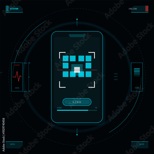 This high tech mobile application interface features a scanning grid, a link button, and real time data monitoring panels including an alert heartbeat and temperature gauge.