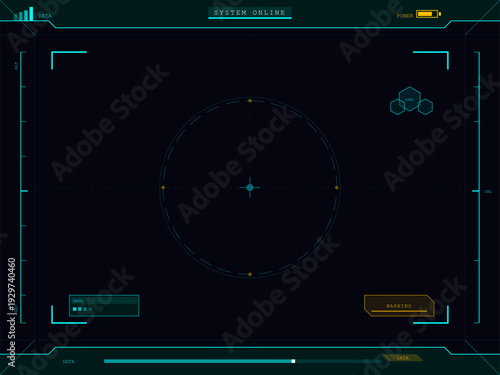 A futuristic digital head-up display interface featuring a central circular reticle, data indicators, a power level icon, and warning messages on a dark blue background.