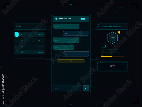 A futuristic digital user interface featuring a central mobile device display with data bubbles, system status indicators, and signal bars on a dark background with cyan accents.